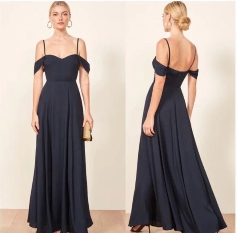 Reformation Navy Blue Cold Off Shoulder POPPY Sweetheart Maxi Dress Size 0